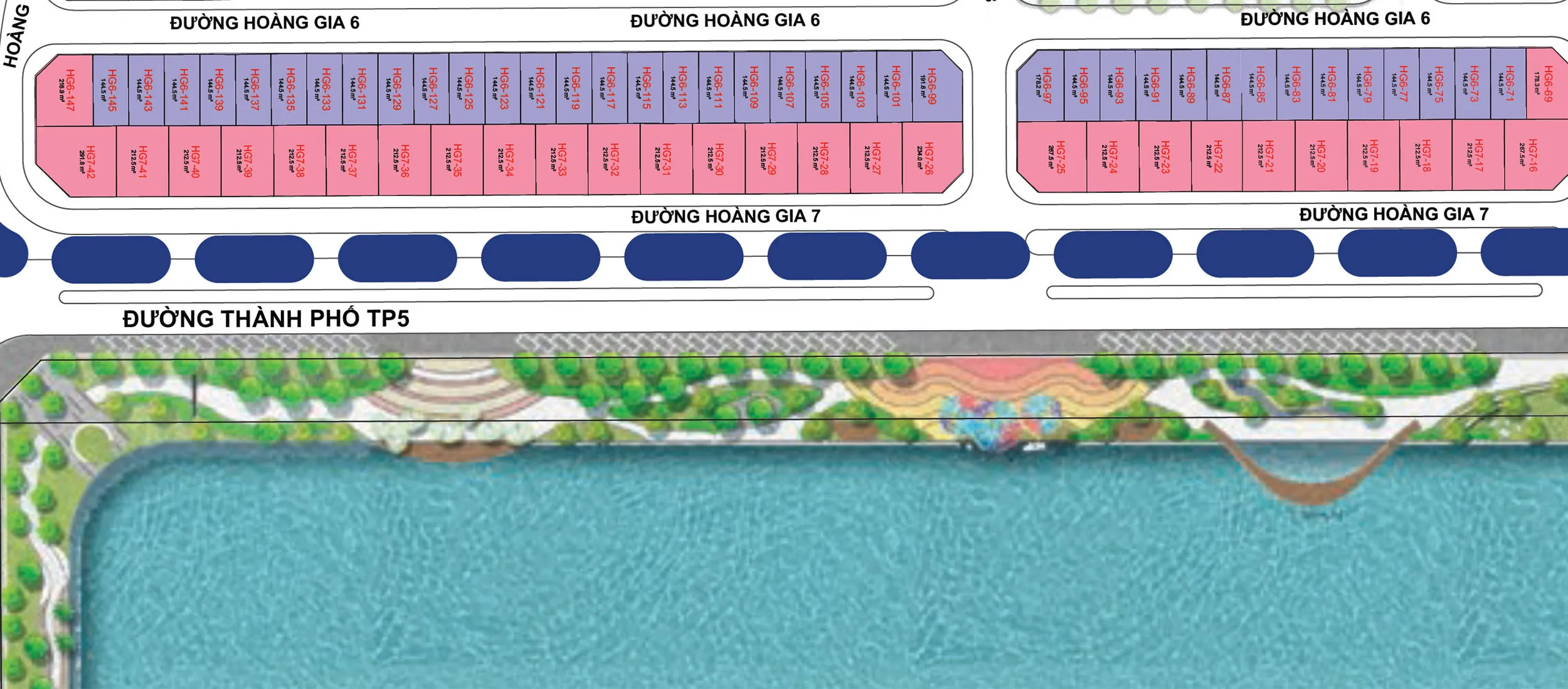 Vị trí các căn song lập (bôi màu tím) nằm tại phân khu Tinh Hoa Global Gate