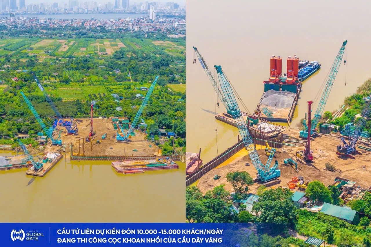 Cầu Tứ Liên đang thi công cọc khoan nhồi của cầu dây văng