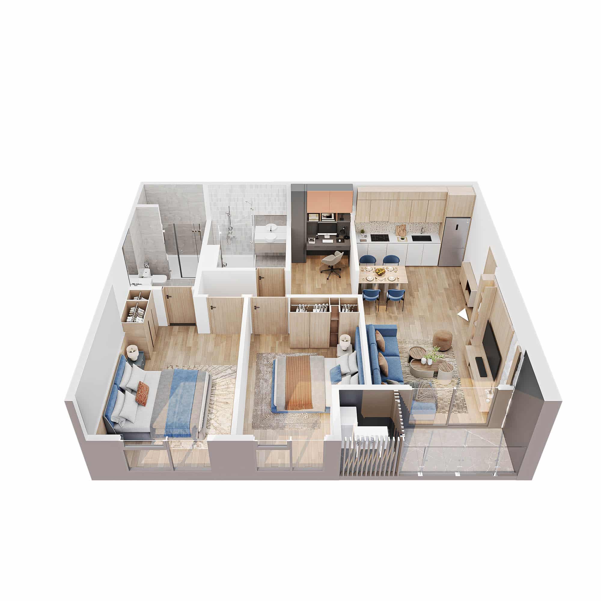 Phối cảnh 3D căn hộ 2 phòng ngủ 2wc