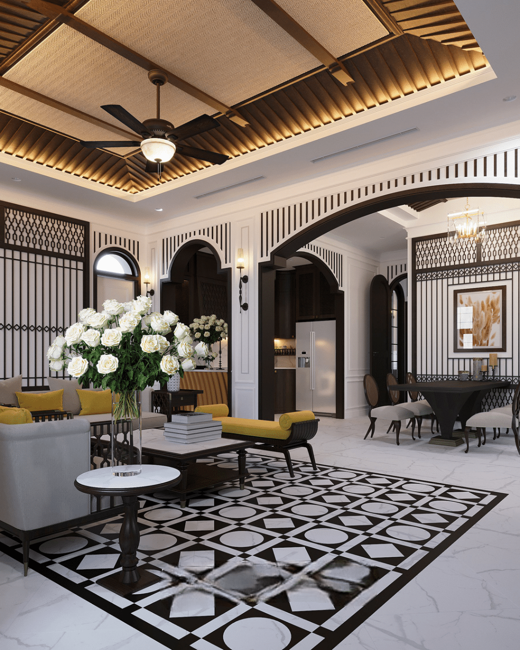 Hai bên tay vịn ghế sofa đơn được trang trí bằng họa tiết kỷ hà cong nhẹ, tạo nên vẻ hài hòa mà vẫn cuốn hút. Hình tròn xen kẽ hình thoi trong khung chữ nhật trên nền nhà làm nổi bật dấu