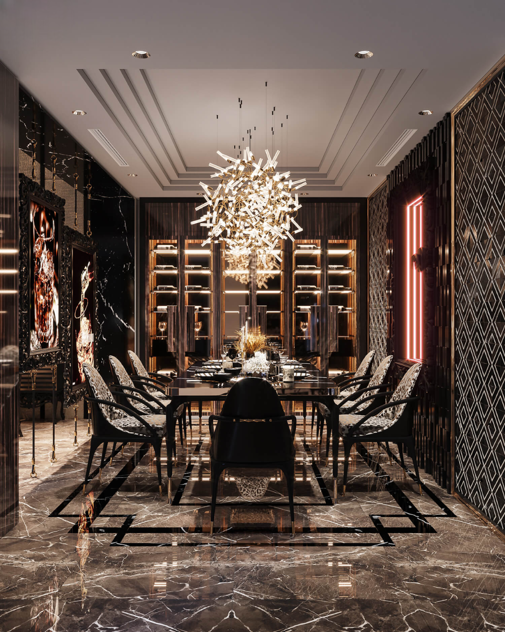 Những chi tiết trạm trổ cầu kỳ được lồng ghép khéo léo ở những vị trí như khung tranh, decor ghế, chân tủ,…của phòng ăn