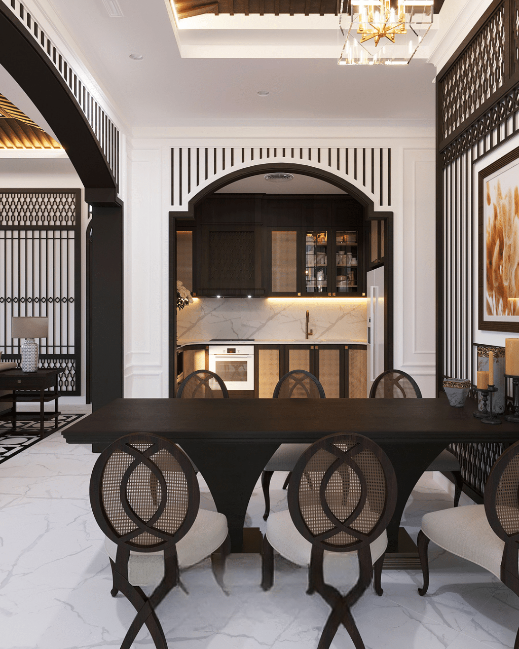 Những họa tiết kỷ hà ở các vách ngăn tường chạy dọc theo một chiều gợi sự thẳng thắn, nhẹ nhàng. Đặc biệt thể hiện cho nét đẹp của văn hóa Đông Dương.