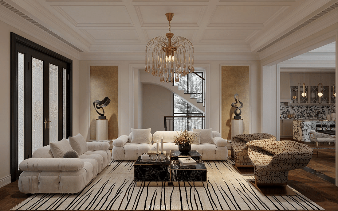 Phòng khách sang trọng với sofa trắng, đèn chùm độc đáo, thảm vằn và các tác phẩm nghệ thuật, tạo không gian ấm cúng và đẳng cấp.