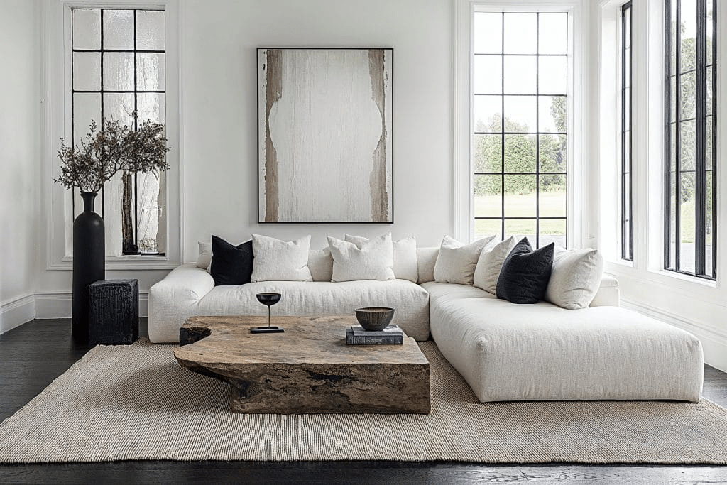 Phòng khách tối giản, hiện đại với sofa trắng, bàn gỗ tự nhiên và cửa sổ lớn, mang lại không gian rộng mở, sang trọng và đầy cảm hứng.