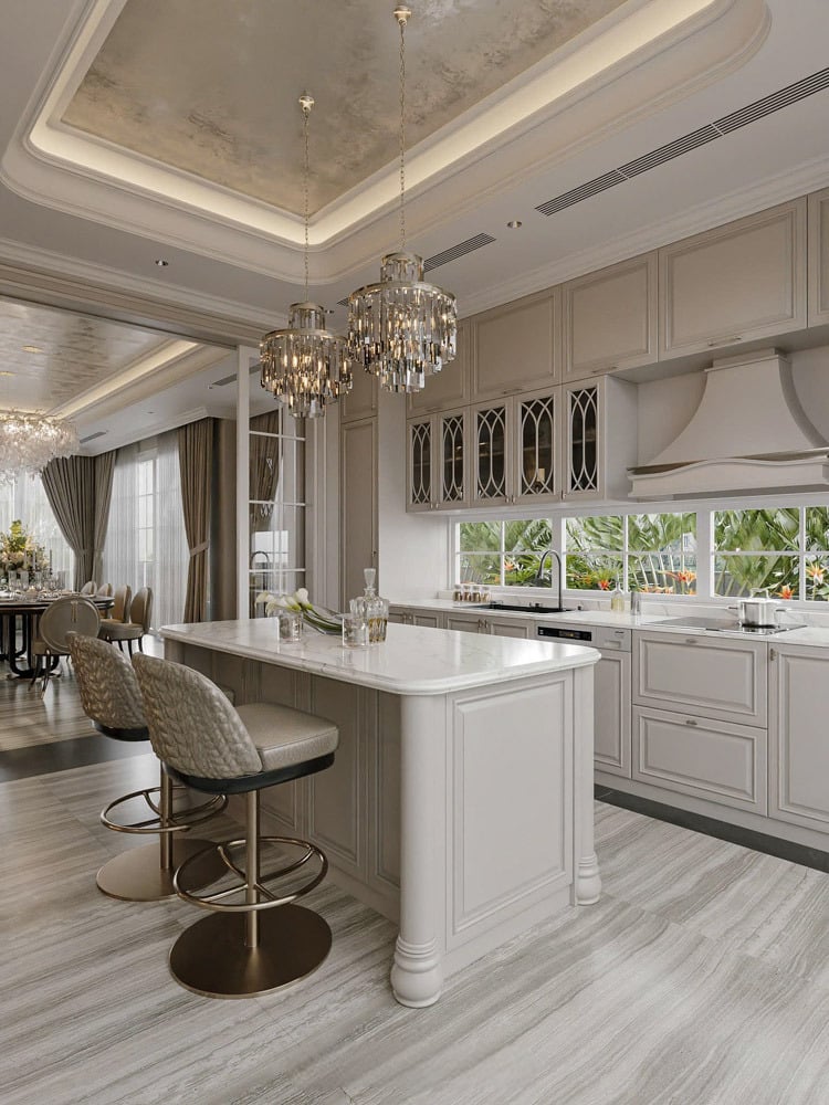 Thiết kế hiện đại, gọn gàng với đảo bếp tiện nghi và tủ bếp âm tường chất liệu cao cấp.