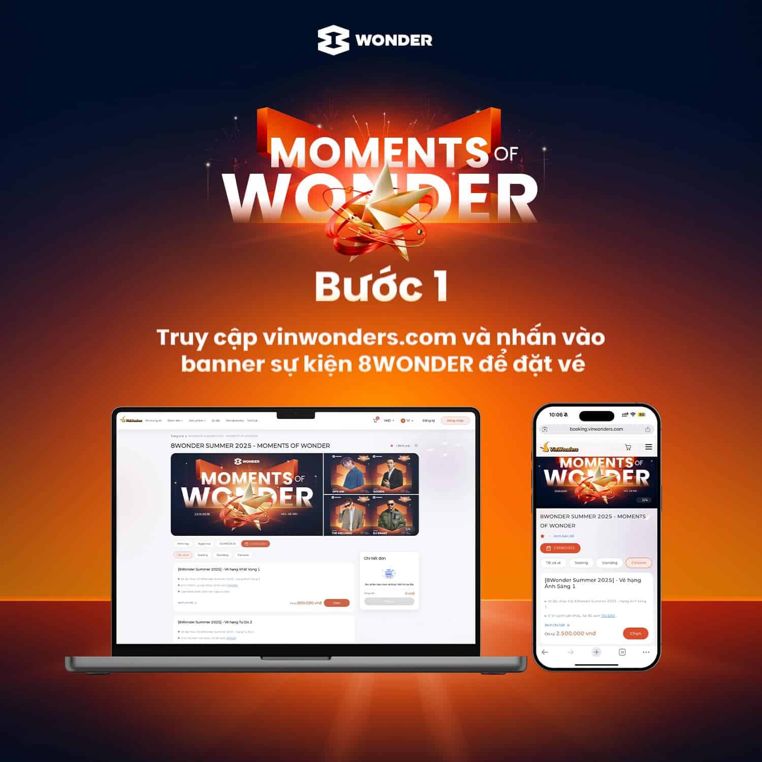 Truy cập vinwonders.com và nhấn vào banner sự kiện 8Wonder để đặt vé