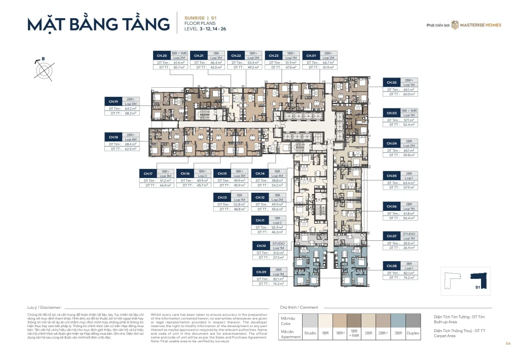 Mặt bằng tầng 3 - 12 & 14 - 26 tòa The Sunrise S1