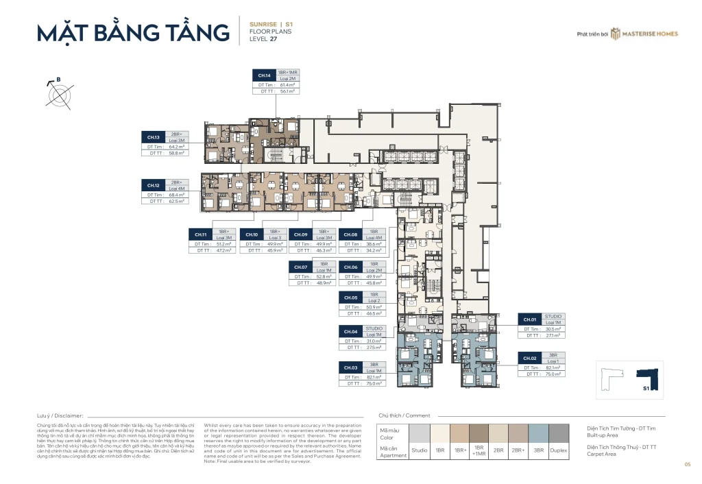 Mặt bằng tầng 27 tòa The Sunrise S1