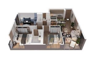 Layout thiết kế 3D căn hộ 3 phòng ngủ